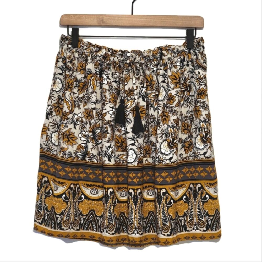 Garnet Hill Paisley Floral Pull On Elastic Waist Skirt Mustard Black Size S Boho - Picture 10 of 10